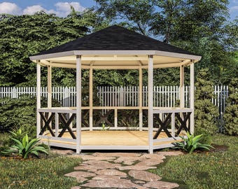 Planos para construir un cenador octogonal de 16x16 pies (hágalo usted mismo): planos y guía de construcción.