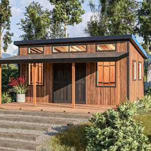 May include: A small, modern wooden cabin with a dark roof and a porch. The cabin has large windows and a double door. A concrete staircase leads up to the porch. Landscaping includes a potted plant and a small garden.