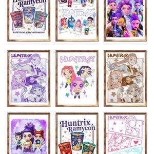Huntrix K-pop Demon Hunters Poster, Cute Ramen Girl Zoey Mira Rumi Anime Wall Art, Canvas Poster, Home Decor, Huntrix Anime Cyberpunk Art