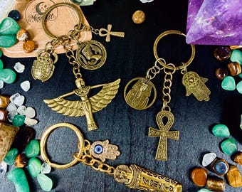 Chaveiro Wicca feito à mão, estilo egípcio antigo, amuleto Ankh, Olho de Hórus e Hamsa, presente de proteção mística.