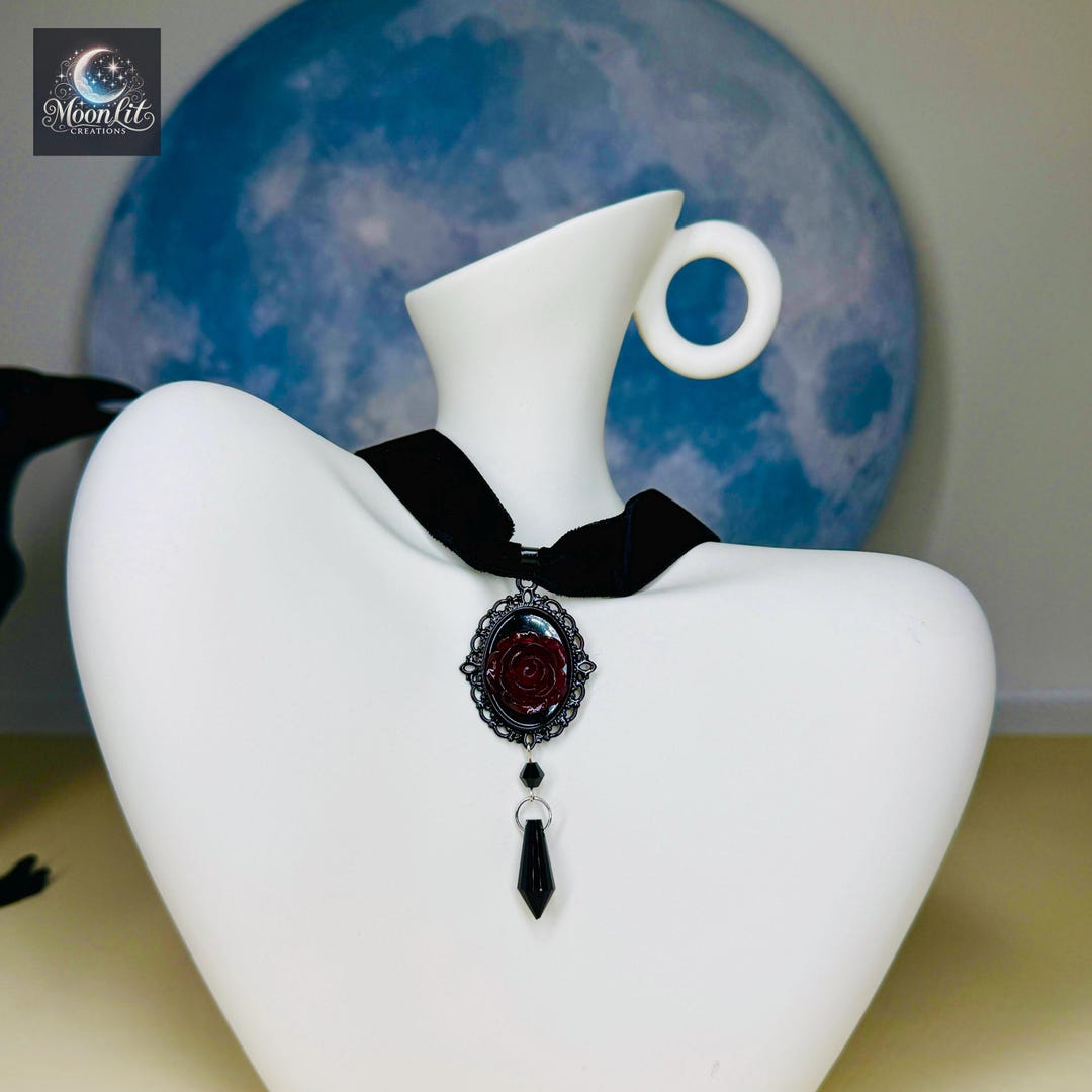 Gothic Velvet Choker Necklace • Black Rose Pendant • Dark Romantic ...