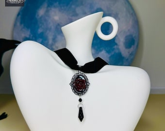Gothic Velvet Choker Necklace • Black Rose Pendant • Dark Romantic Jewelry • Witchy Victorian Style