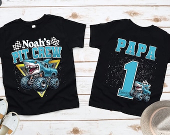 Custom Name Number Monster Truck Jam Family Birthday Shirt Birthday Boy Dude Shirt Pit Crew Mama Dad Mimi Brother Megalodon Legendary Car