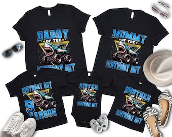 Custom Name Number Monster Truck Jam Family Birthday Shirt, Megalodon Legendary Car, Birthday Family matching Truck , Shirt For Birthday