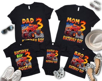 Custom Monster Truck Family Matching Birthday Party Shirt, Birthday Boy Monster Truck Shirt, Monster Truck Party Gift For Kids