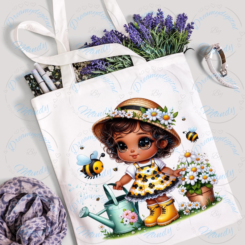 May include: White tote bag featuring a cartoon illustration of a girl in a straw hat, yellow dress, and boots, watering flowers. The bag is filled with lavender and other items. The design includes bees and daisies.