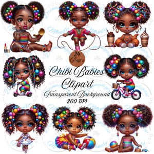 24 adorabili Chibi Babies Clipart Bundle - Selfie, Biking, Cooking, Swing e altro, bambini afroamericani, download immediato, PNG trasparente