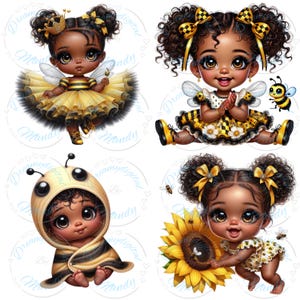 May include: Four digital illustrations of adorable children dressed as bees. Each child has dark skin, large eyes, and is wearing yellow and black outfits. One child is in a bee costume, another is holding a sunflower, and two are wearing bee-themed dresses.