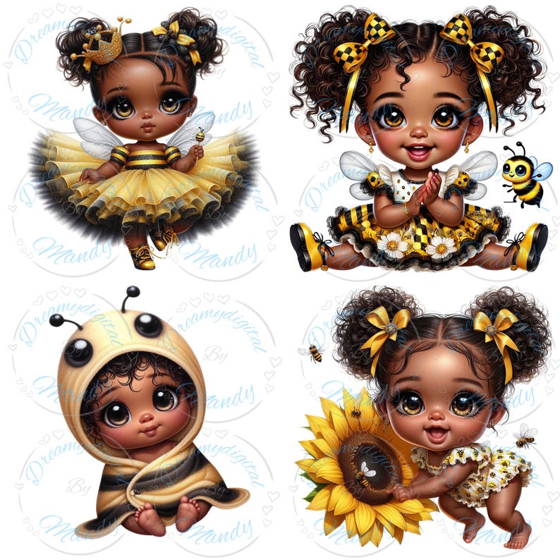 May include: Four digital illustrations of adorable children dressed as bees. Each child has dark skin, large eyes, and is wearing yellow and black outfits. One child is in a bee costume, another is holding a sunflower, and two are wearing bee-themed dresses.