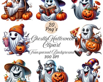 20 imágenes prediseñadas fantasmales de Halloween / Imágenes prediseñadas de fantasmas de Halloween divertidas y lindas / PNG de otoño, calabazas, otoño / Imágenes prediseñadas de Halloween / Fondo transparente