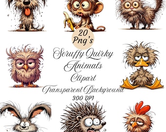 20 Scruffy Quirky Animals Clipart ,Whimsical Funny Animal Clipart, Quirky Animals Clipart, Crazy Hair Animal, Funny Animals , PNG files