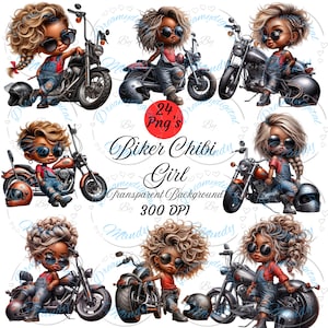 24 Biker Girl in Red Clip Art Whimsical Chibi Style African American Kleinkind Motorrad rote Tank Top & Jeans sofort download PNG-Dateien