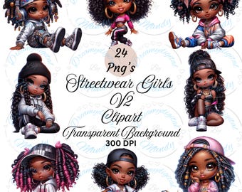 24 Streetwear Girl V2 Clipart, Cute Chibi Girl PNG, Black Girl Clipart, Chibi Doll Clipart, Afro American Girl Clipart, instant download