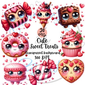 May include: A set of 20 digital clipart images featuring cute cartoon sweet treats with hearts and pink accents. The treats include a donut, cupcake, candy, ice cream cone, brownie, and macaron. The text "20 PNGs Cute Sweet Treats Transparent Background 300 DPI" is included in the image.