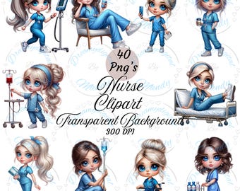40 Nurse Clipart Set, Blonde & Brunette Nurses, Blue Scrubs, Stethoscope Clipart, Nurse appreciation, Instant Download, PNG, Commercial use