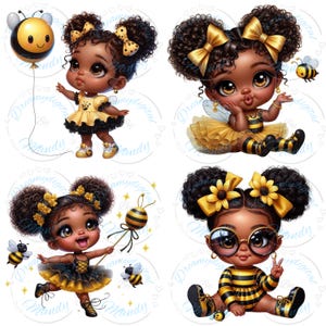 May include: Four digital illustrations of Black girls dressed as bees. Each girl has dark curly hair styled with yellow bows or flowers. They wear yellow and black outfits, with one holding a bee balloon and another holding a bee wand.