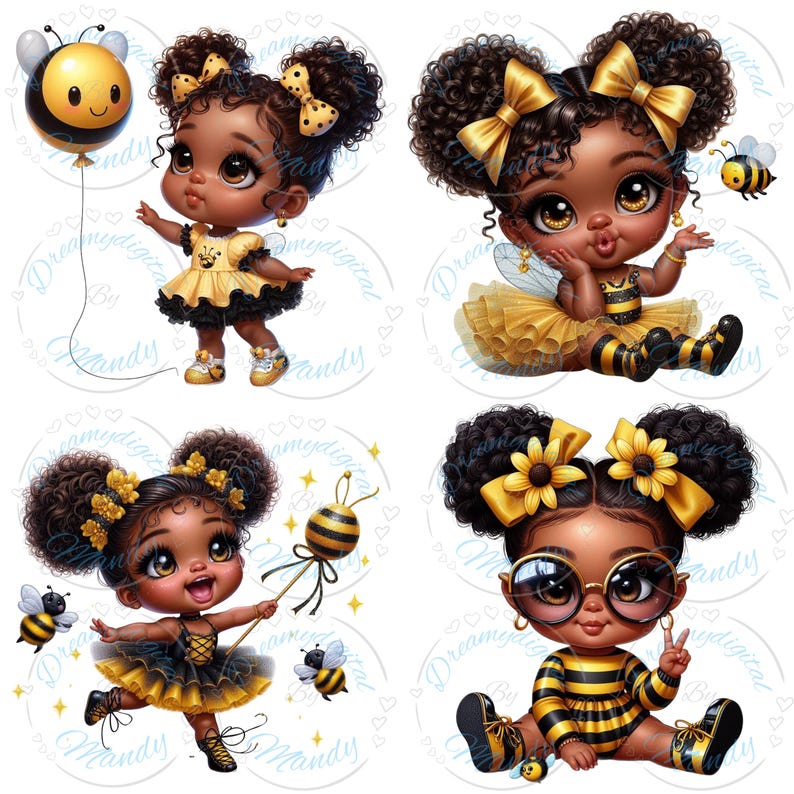 May include: Four digital illustrations of Black girls dressed as bees. Each girl has dark curly hair styled with yellow bows or flowers. They wear yellow and black outfits, with one holding a bee balloon and another holding a bee wand.