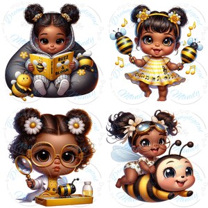 May include: A digital illustration featuring four adorable cartoon girls with bee-themed elements. One girl reads a book titled "Buzz & Bloom," while another holds musical instruments. The other two girls are dressed as scientists and a bee fairy.