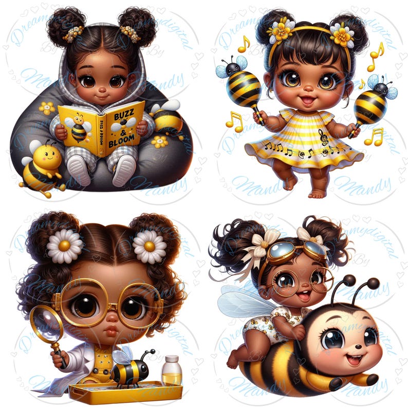 May include: A digital illustration featuring four adorable cartoon girls with bee-themed elements. One girl reads a book titled "Buzz & Bloom," while another holds musical instruments. The other two girls are dressed as scientists and a bee fairy.