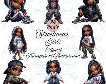 24 Streetwear Chibi Girl Clipart, Cute Chibi Girl PNG, Black Girl Clipart, Chibi Doll Clipart, Afro American Girl Clipart, instant download