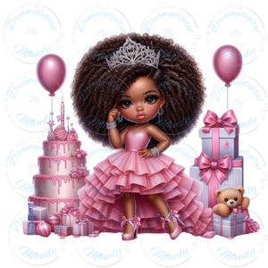 20 黒人の誕生日の女の子のクリップアート、キラキラ輝くチュチュドレス、アフリカ系アメリカ人の女の子、プリンセスの誕生日招待状、黒人の小さな女の子の PNG 画像、