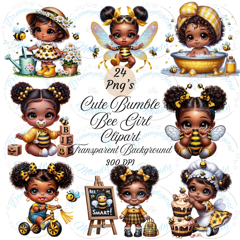 May include: A digital art collection featuring cute cartoon girls with bee-themed designs. The illustrations include girls with bee wings, in a bathtub, and riding a bicycle. The text reads "Cute Bumble Bee Girl Clipart".