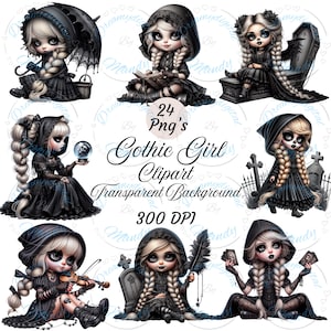 Puede incluir: Una colección de arte digital con ilustraciones de chicas góticas. Cada ilustración muestra a una chica con piel pálida, maquillaje oscuro y ropa negra. Las imágenes incluyen el texto "Gothic Girl Clipart" y "Transparent Background."