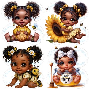 May include: Four digital illustrations of baby girls with bee-themed designs. One wears a yellow hoodie and holds a honeycomb. Another holds a sunflower. A third crawls with a bee backpack. The last sits in a honey jar with the text "Sweet Baby Bee".
