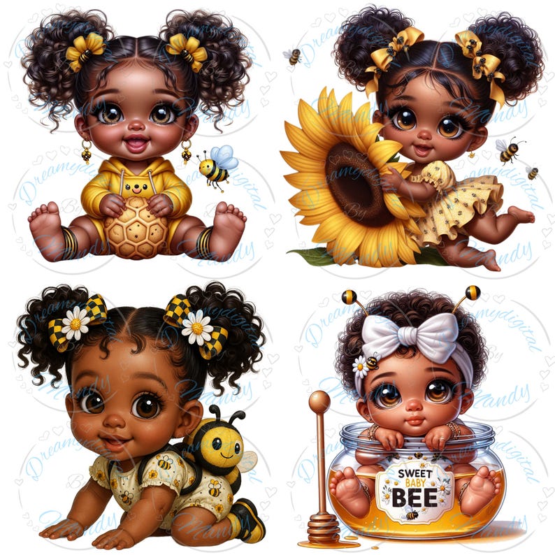 May include: Four digital illustrations of baby girls with bee-themed designs. One wears a yellow hoodie and holds a honeycomb. Another holds a sunflower. A third crawls with a bee backpack. The last sits in a honey jar with the text "Sweet Baby Bee".