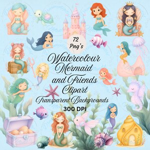 Niedliche Aquarell Meerjungfrau & Friends Clipart, Unter dem Meer Png, Pastell Meerestiere, Kinder Clipart, Kleine Meerjungfrau Geburtstag, Kinderzimmer Clipart