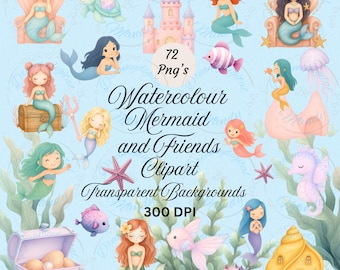 Cute Watercolour mermaid & Friends clipart, Under the sea Png,  Pastel Sea animals, Kids clipart, Little mermaid birthday, Nursery clipart