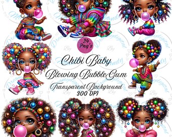 Cute African American Chibi Baby Girl Blowing Bubble Gum  clipart Transparent PNG Instant Download Commercial Use 300 DPI, 4000x4000 pixels