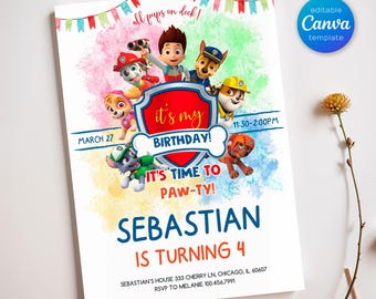 Printable Paw-ty Editable Invitation, puppies Birthday Invite boy girl, puppy party, Instant Download, paw kids Birthday Invite template