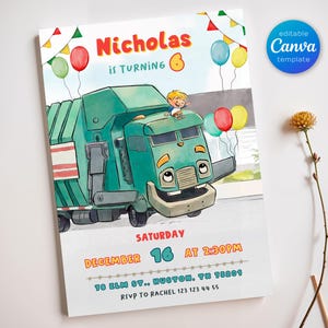 May include: A birthday party invitation featuring a cartoon illustration of a green garbage truck with a smiling face. The invitation includes the text "Nicholas is Turning 6" and event details, with colorful balloons and a Canva template logo.