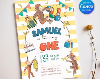 Curious George birthday invitation, Printable monkey invite, ape invite, Curious George one bday party, boy 1st birthday, editable template