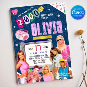 May include: A denim-textured invitation card with a 2000s theme. The card features the text "You're invited to 2000s BIRTHDAY BASH OLIVIA IS TURNING 12". It includes images of celebrities, a pink boombox, and a Canva template logo.