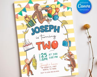 Curious George birthday invitation, Printable monkey invite, ape invite, Curious George two bday party, boy 2nd birthday, editable template