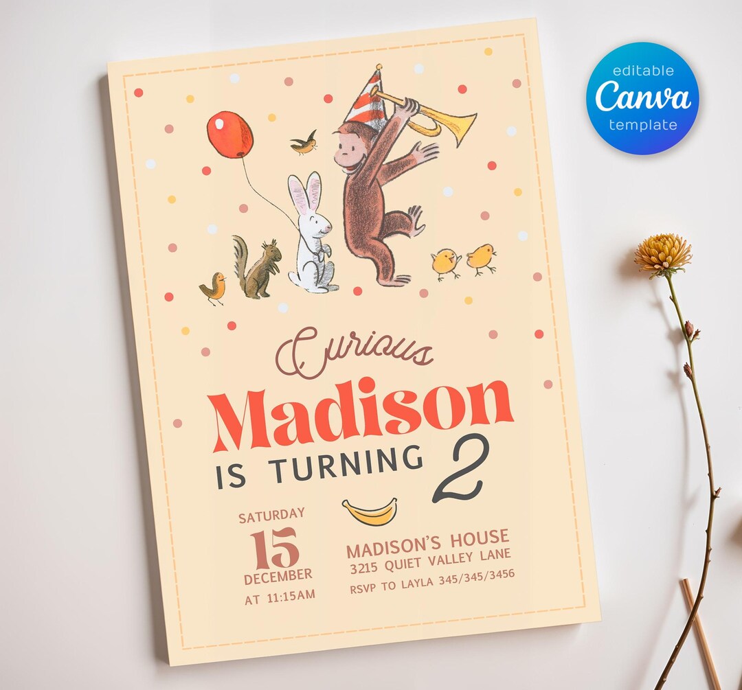 George Michael Invitation Curious George Birthday Invitation, Printable Monkey Invite, Ape Invite ...