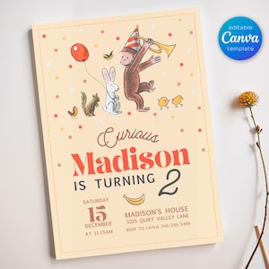 May include: A yellow and orange birthday invitation featuring a cartoon monkey wearing a party hat and holding a trumpet. The text reads "Curious Madison is turning 2" and includes details for the party, including the date, time, and location.