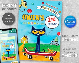 printable Pete the Cat Birthday Party Invitation, Editable Pete the Cat Invite, Party Invite Template, boy girl birthday