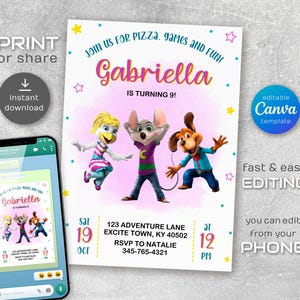 Invitación editable de Chuck-E-Cheese, invitación de cumpleaños imprimible, invitación de ratón, descarga instantánea, plantilla de invitación de cumpleaños
