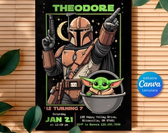 Afdrukbare verjaardagsuitnodiging jongen meisje | Mandaloriaanse verjaardagsuitnodiging | bewerkbare uitnodiging | Direct downloaden | Star Wars-verjaardagsfeestje