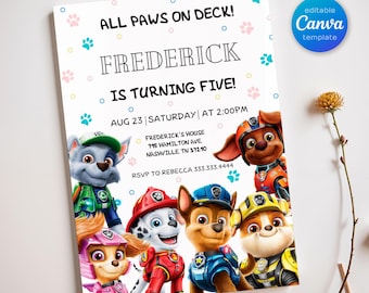 Invitación editable imprimible de Paw-ty, invitación de cumpleaños de cachorros para niño y niña, fiesta de cachorros, descarga instantánea, plantilla de invitación de cumpleaños de Paw Kids