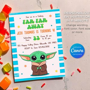 Puede incluir: Una invitaci&oacute;n a rayas azules y blancas con un personaje extraterrestre verde. La invitaci&oacute;n dice "Join us in a Galaxy Far Far Away Jedi Thomas is turning 4!" con la fecha "Saturday June 22" y la hora "From 10 am to 12 pm". La direcci&oacute;n es "135 Happy Valley Drive, Blissville, OR 74101" y el RSVP es "to Jane 123.456.7890".