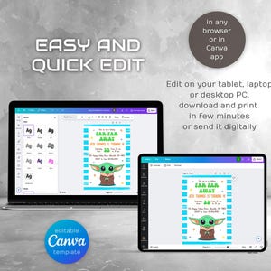 Puede incluir: Plantilla de invitaci&oacute;n de cumplea&ntilde;os de Canva editable para un beb&eacute; Yoda. La invitaci&oacute;n presenta una imagen de dibujos animados de Baby Yoda con el texto "Far Far Away" y "[Name] cumple [Age] a&ntilde;os" en un esquema de colores azul y verde.