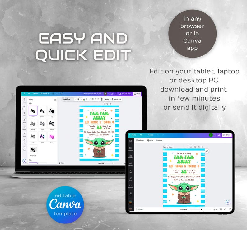Puede incluir: Plantilla de invitaci&oacute;n de cumplea&ntilde;os de Canva editable para un beb&eacute; Yoda. La invitaci&oacute;n presenta una imagen de dibujos animados de Baby Yoda con el texto "Far Far Away" y "[Name] cumple [Age] a&ntilde;os" en un esquema de colores azul y verde.