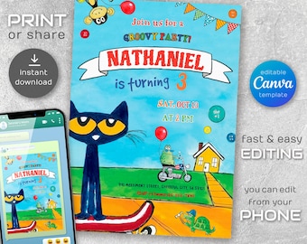 printable Pete the Cat Birthday Party Invitation, Editable Pete the Cat Invite, Party Invite Template, boy girl birthday