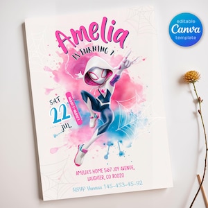 Gwen Birthday invitation, Spider-Verse girl birthday invite, editable Ghost Spidey invitation, Spidey Gwen Party, girl Spiderman Birthday