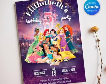 May include: A rectangular birthday party invitation template featuring a purple starry background with a castle and a group of animated princesses. The text reads Elithabeth's 5th birthday party, Saturday Jan 15, 11AM-2PM, 78 Elm St., Huston, TX 75201, RSVP to Rebecca 333.333.4444.
