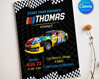 May include: A black and white checkered racing flag birthday invitation with a colorful race car and the text "START YOUR ENGINES! THOMAS is turning 5!"  The invitation includes the date, time, and RSVP information.